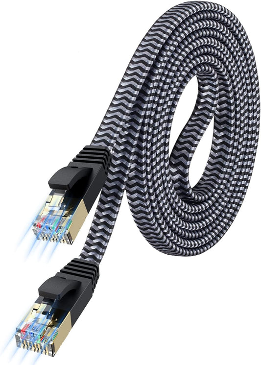 Cat 7 Ethernet Cable,  Flat Ethernet Cable 10Ft Nylon Braided Cat 7 Internet Cable RJ45 Network Cable Cat7 LAN Cable for PC Laptop Modem Router
