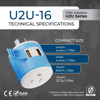Australia, New Zealand, China Travel Plug Adapter by  with Dual USB + Surge Protection - Type I (U2U-16), Will Work with Cell Phones, Camera, Laptop, Tablets, Ipad, Iphone and More